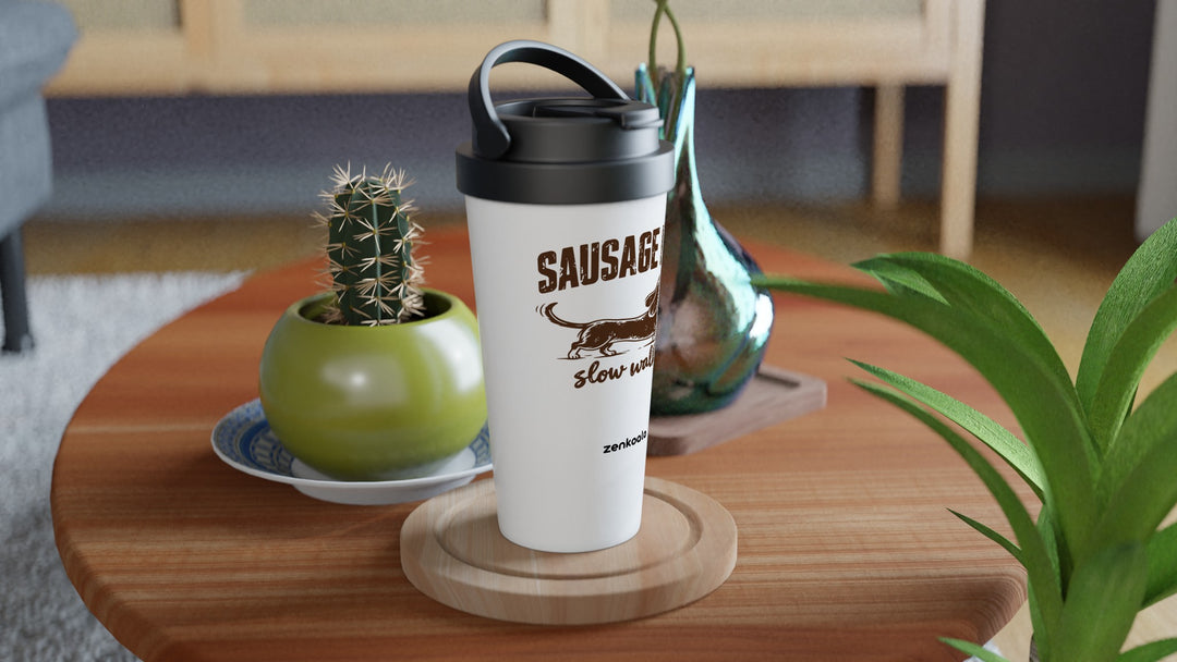 Sausage Dog Slow Walker travel mug on a wooden table with a cactus, Zen Koala Australia