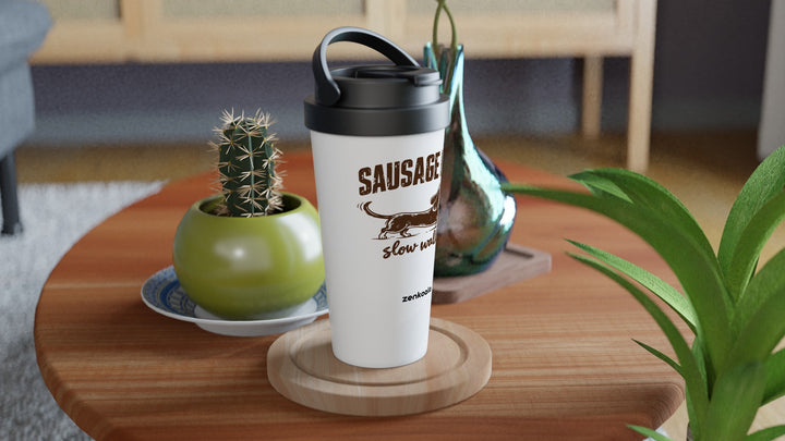 Sausage Dog Slow Walker travel mug on a wooden table with a cactus, Zen Koala Australia