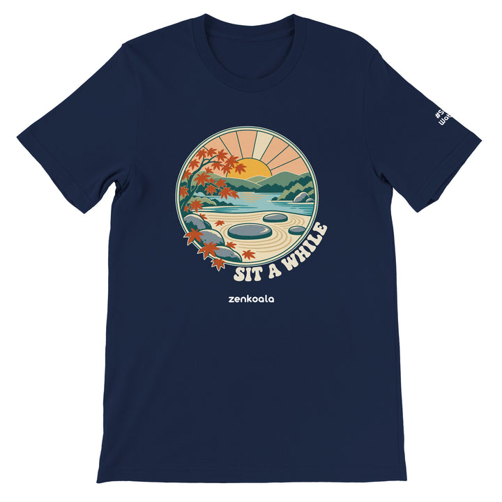 Zen Garden Sit a While feel-good tee in navy, Zen Koala Australia