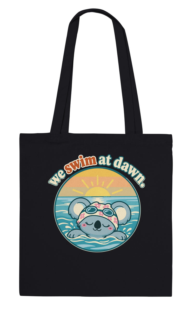 We Swim at Dawn feel-good tote bag in black, Zen Koala Australia