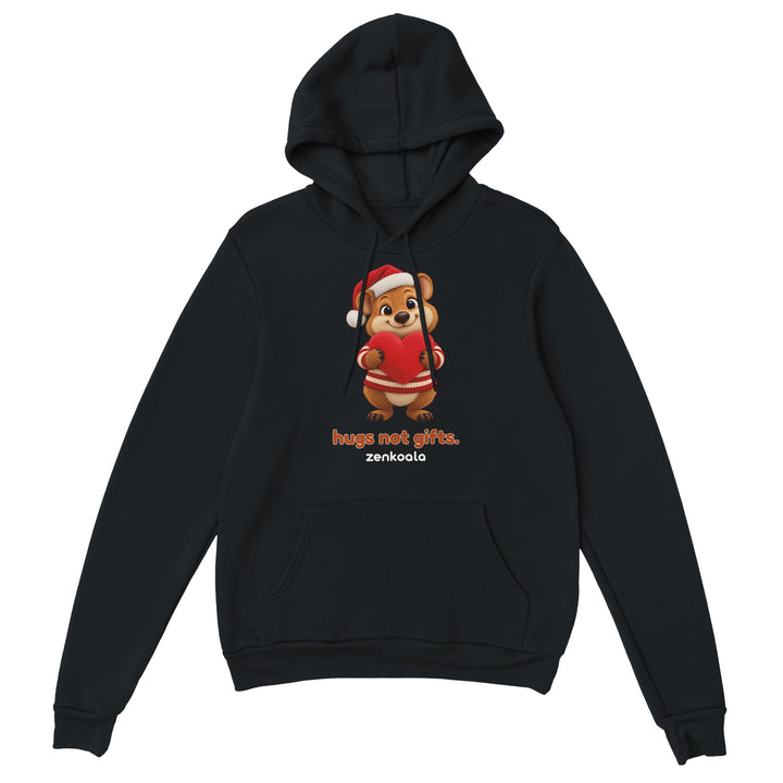 Hugs Not Gifts feel-good hoodie in black, Zen Koala Australia