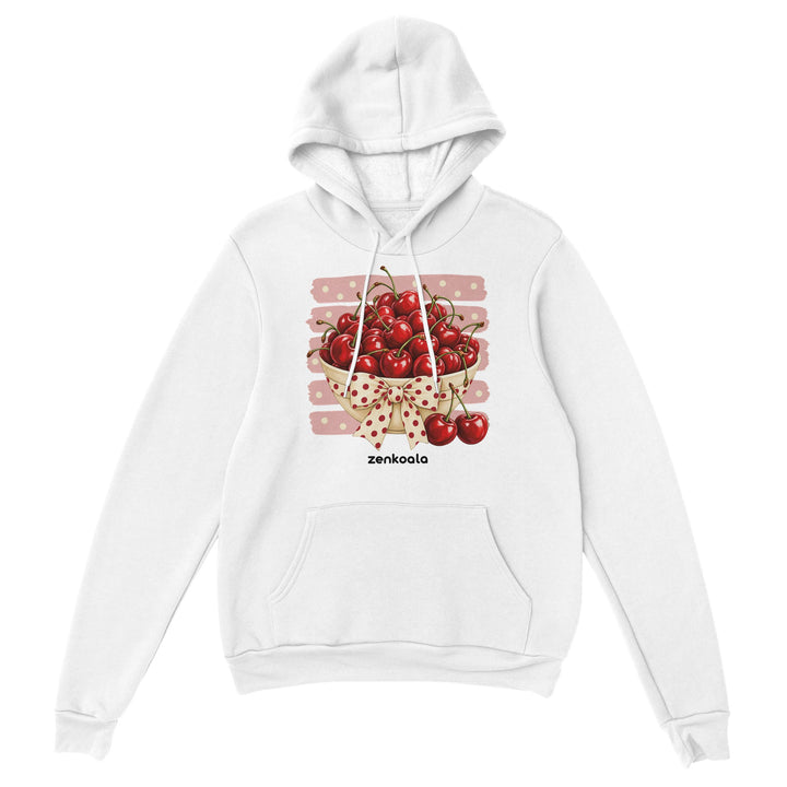 Cherries feel-good hoodie in white: a bowl of cherries with a bow, Zen Koala Australia