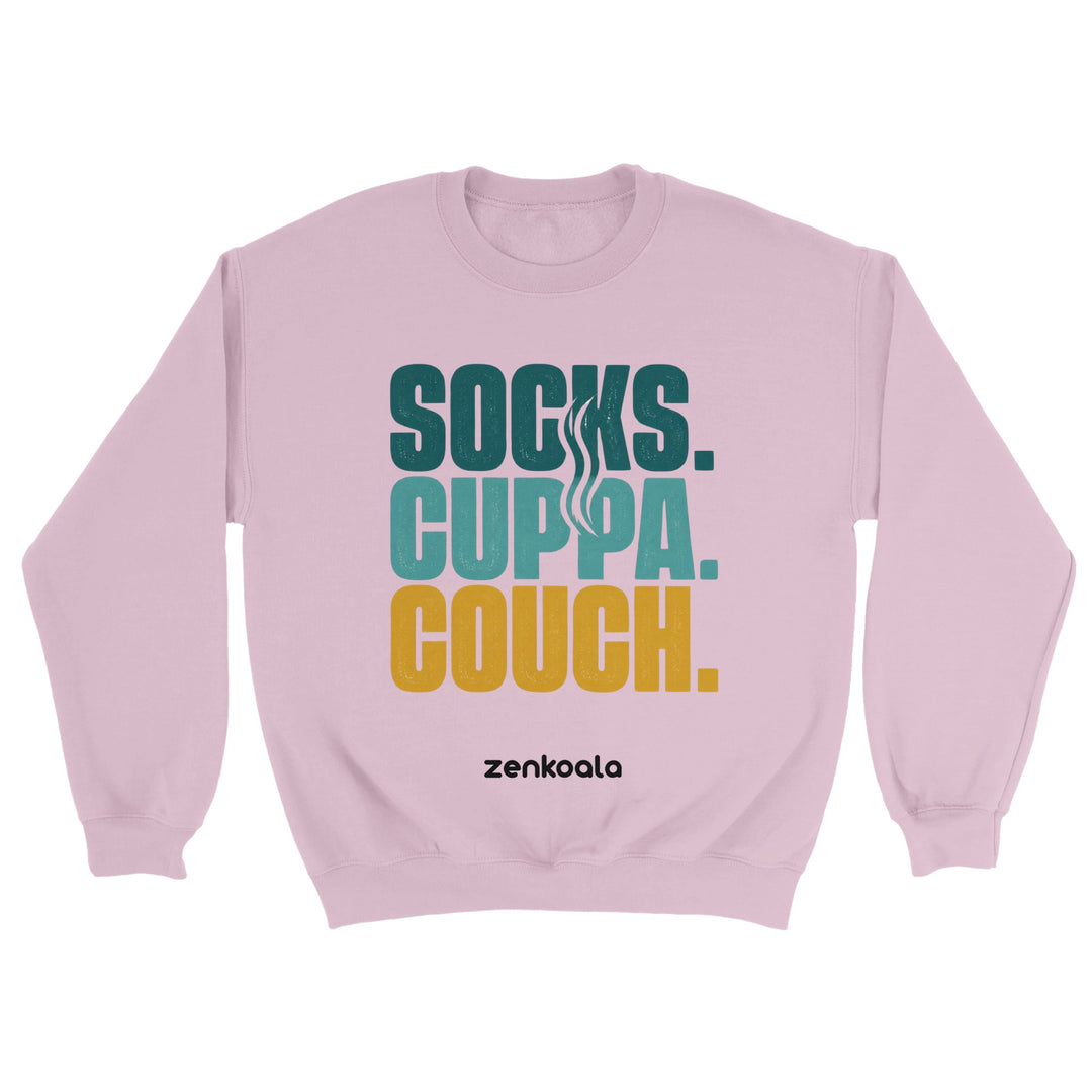 Socks Cuppa Couch feel-good sweatshirt in light pink — retro stacked type for a cosy night in, Zen Koala Australia