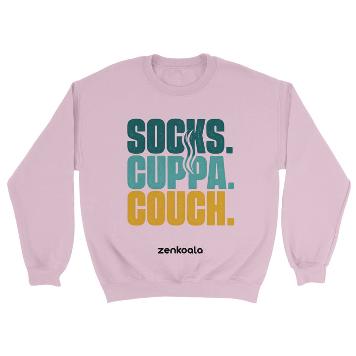Socks Cuppa Couch feel-good sweatshirt in light pink — retro stacked type for a cosy night in, Zen Koala Australia