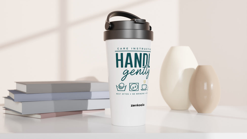 Handle Gently Care Instructions travel mug beside books and vases, Zen Koala Australia