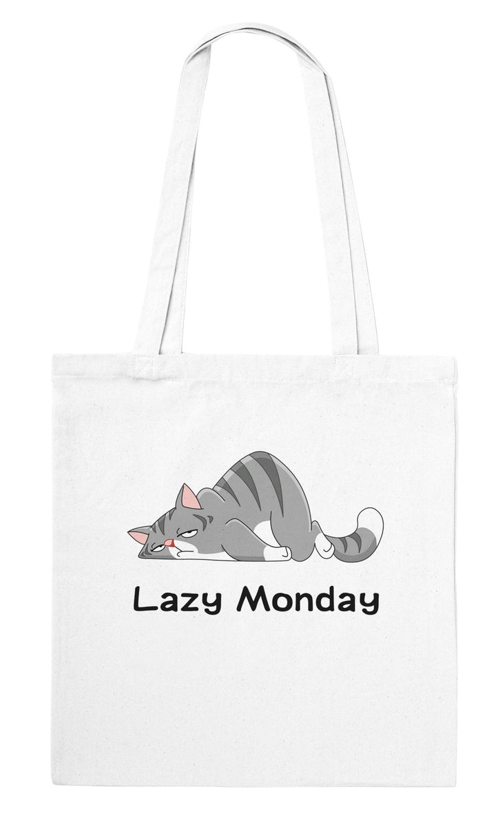 Lazy Monday feel-good tote bag in white: a grey tabby flopped flat out, Zen Koala Australia