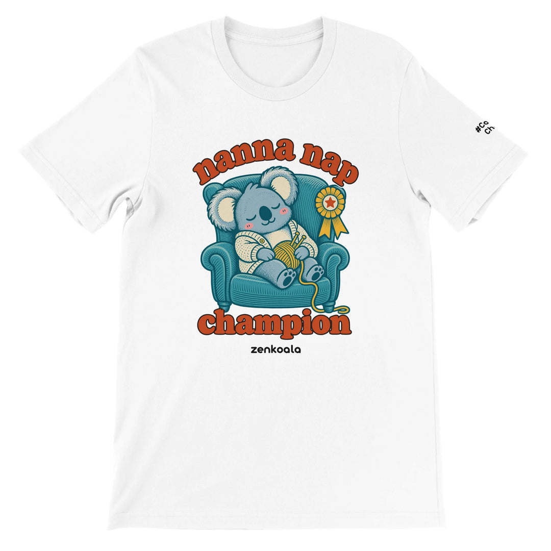 Nanna Nap Champion feel-good tee in white, Zen Koala Australia