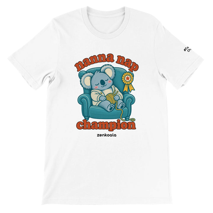 Nanna Nap Champion feel-good tee in white, Zen Koala Australia