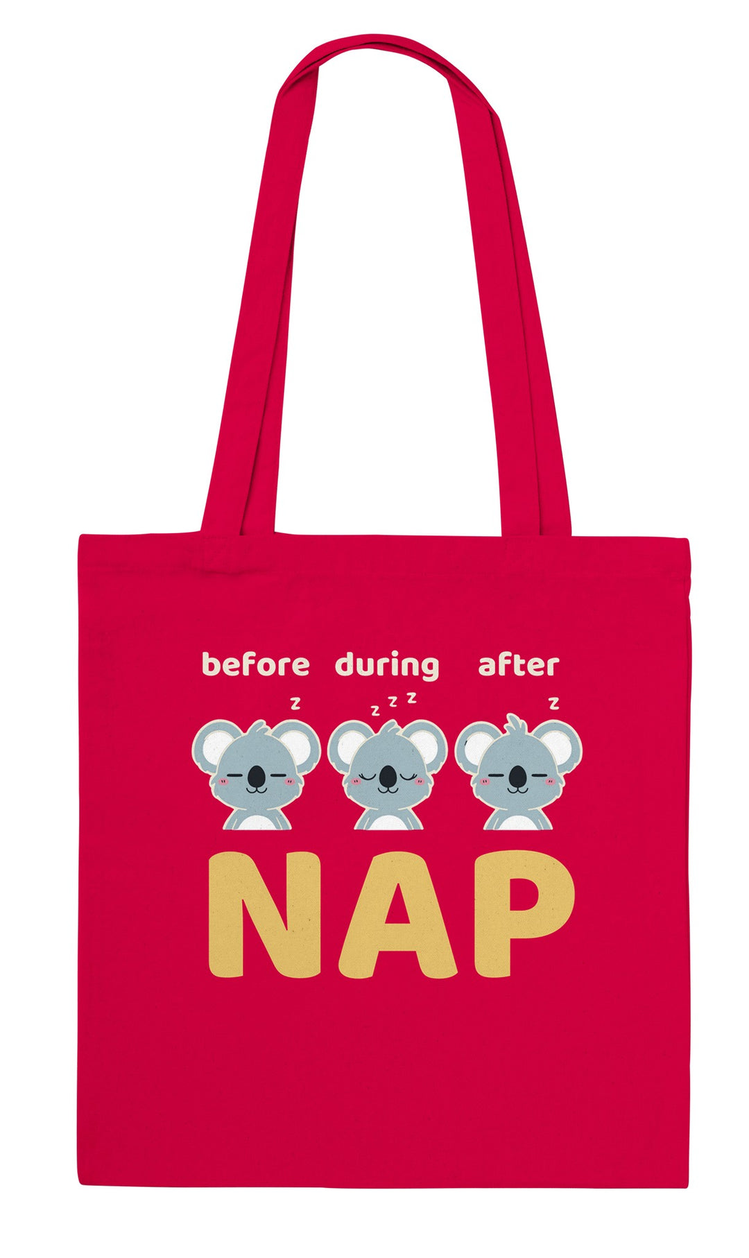 Before Nap Nap After Nap Koala feel-good tote bag in red, Zen Koala Australia