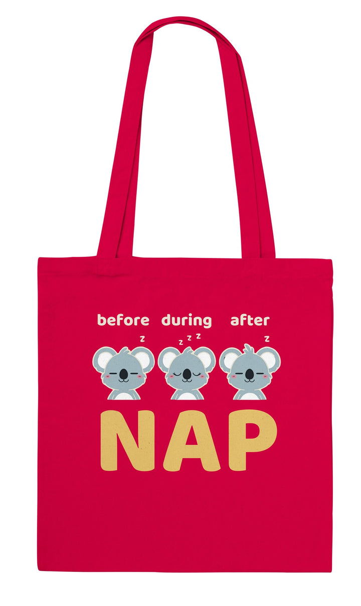 Before Nap Nap After Nap Koala feel-good tote bag in red, Zen Koala Australia