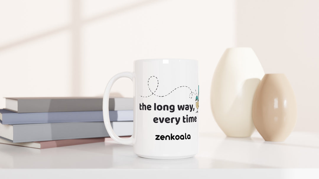 The Long Way Every Time 15oz mug beside books and vases, Zen Koala Australia