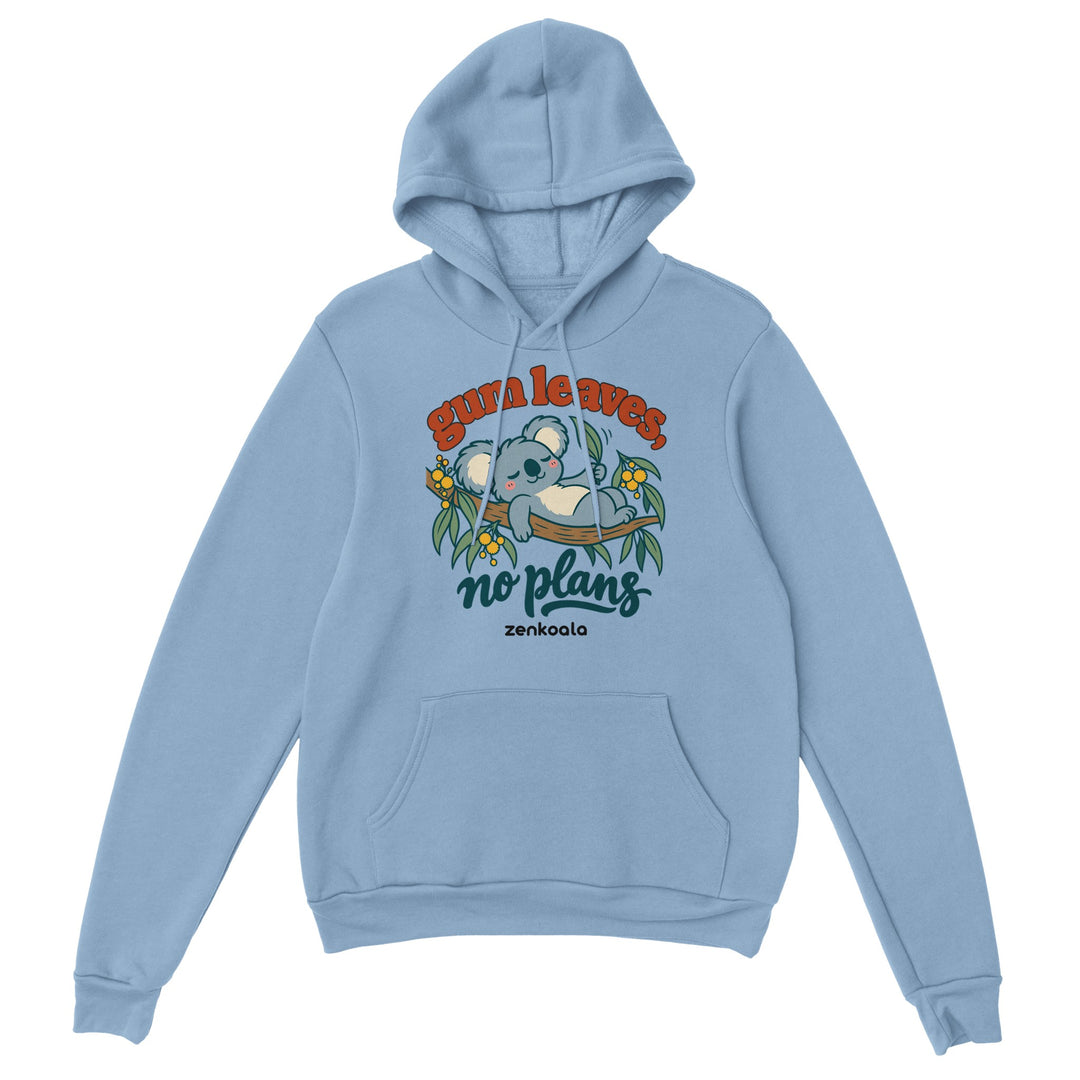 Gum Leaves No Plans feel-good hoodie in light blue, Zen Koala Australia