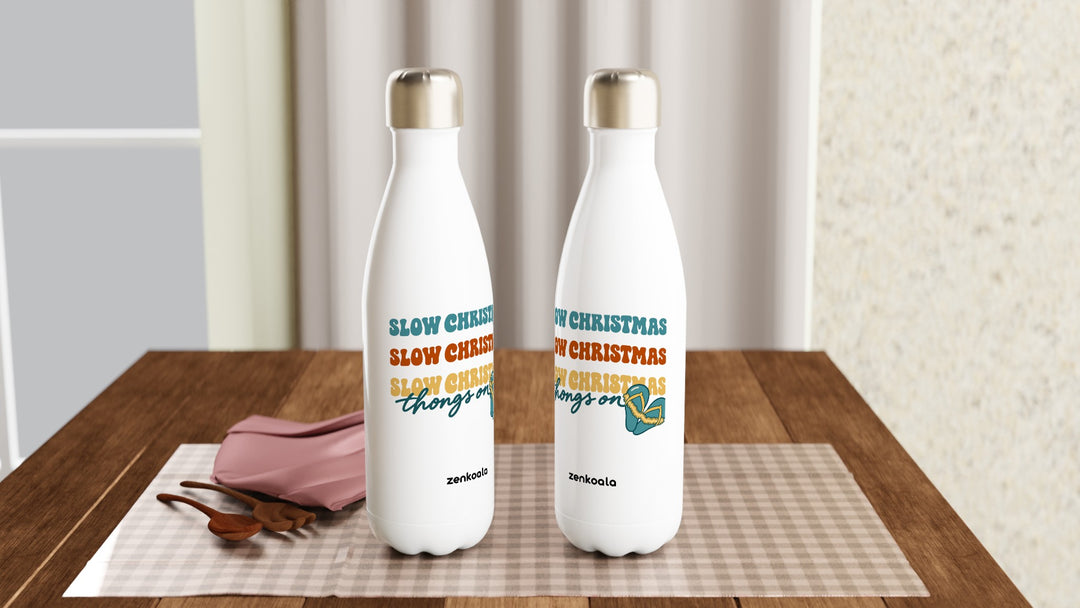 Two Slow Christmas Thongs On water bottles on a table, Zen Koala Australia