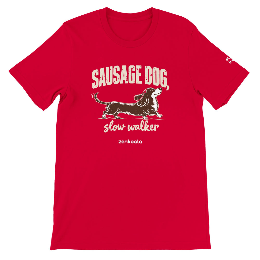 Sausage Dog Slow Walker feel-good tee in red: a sausage dog taking its time, Zen Koala Australia