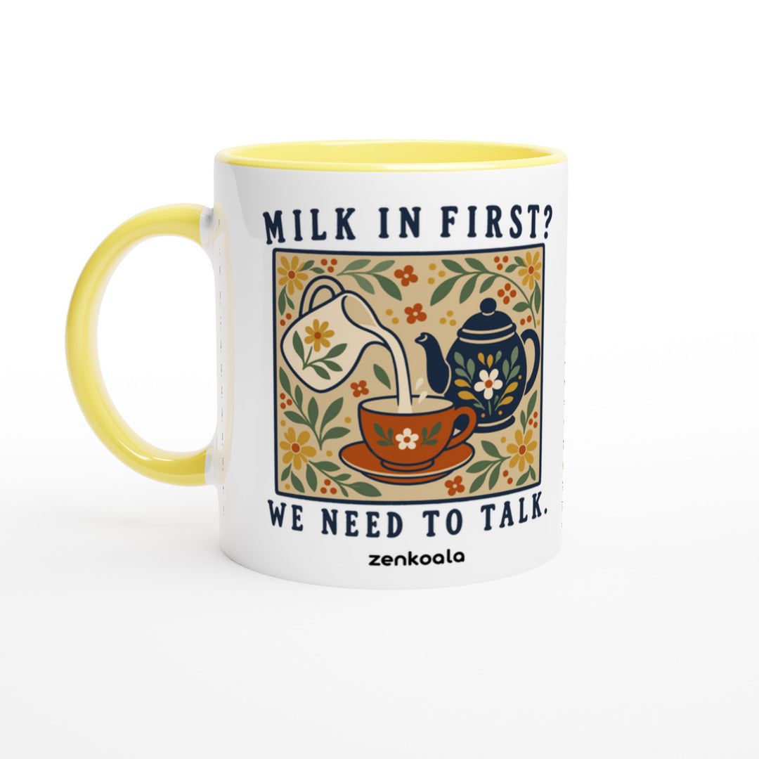 Milk in First mug in yellow: white with a yellow rim, inside and handle, Zen Koala Australia