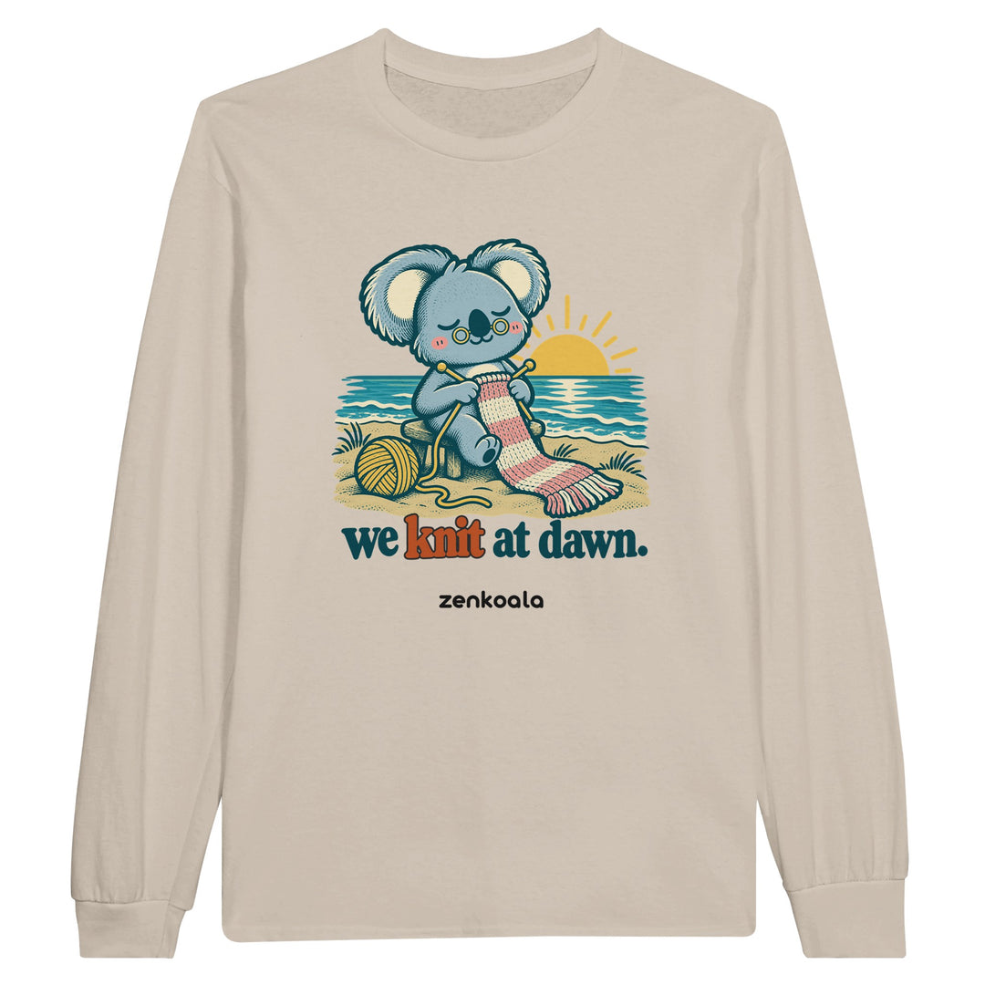 We Knit at Dawn feel-good long sleeve tee in sand, Zen Koala Australia