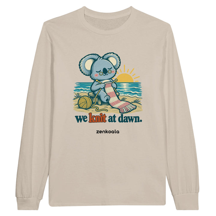 We Knit at Dawn feel-good long sleeve tee in sand, Zen Koala Australia