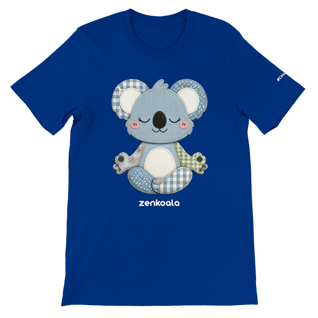 Faux Patchwork Meditating Koala feel-good tee in true royal — Zen Koala Australia