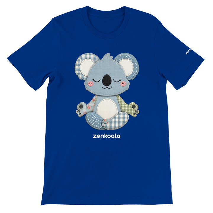 Faux Patchwork Meditating Koala feel-good tee in true royal — Zen Koala Australia