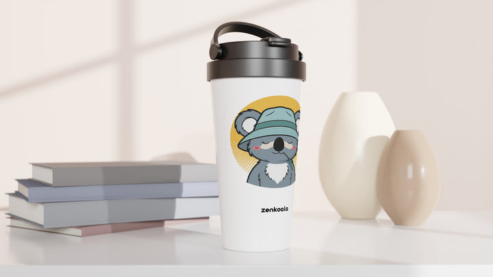 Koala Zinc and Bucket Hat travel mug beside books and vases, Zen Koala Australia