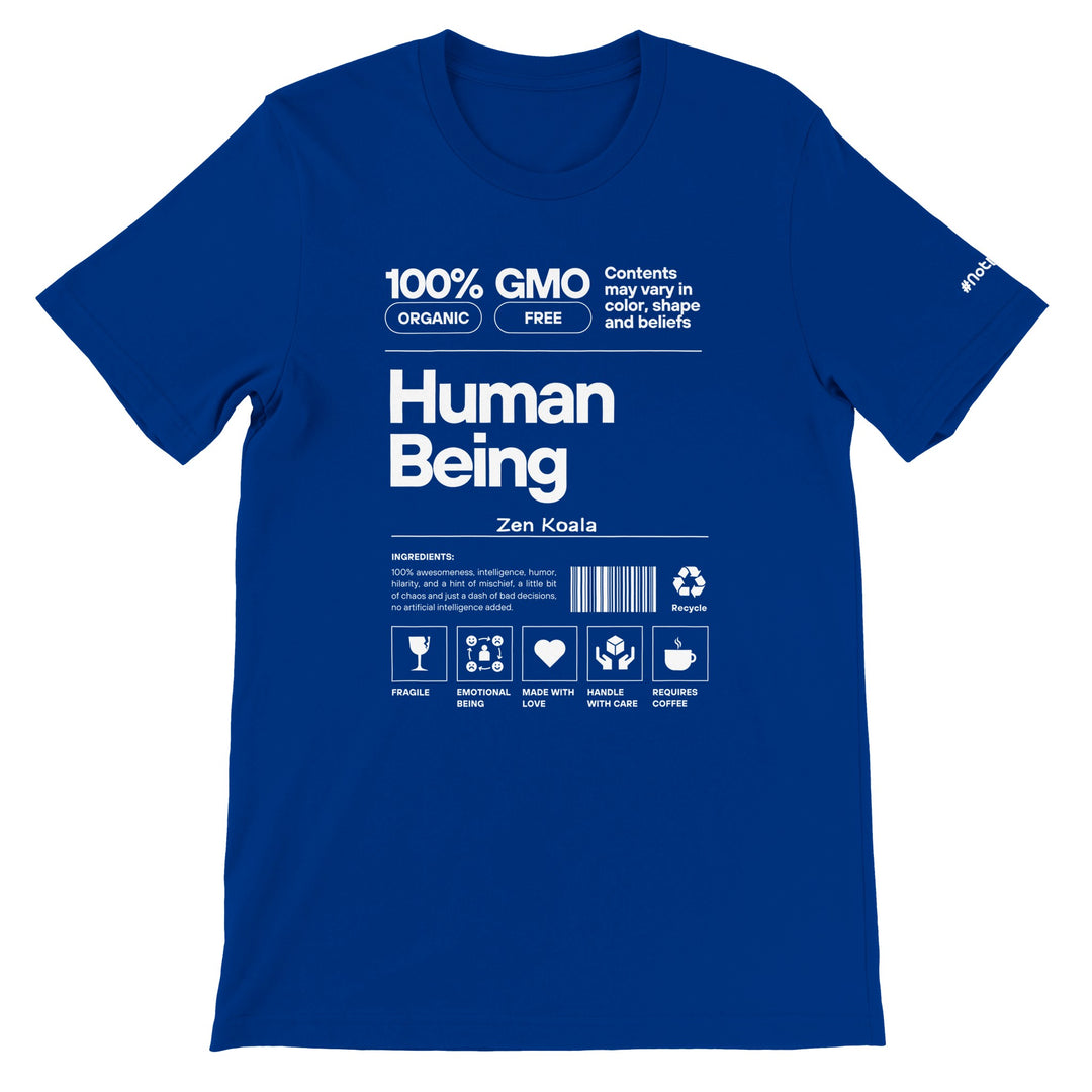 Human Being feel-good t-shirt in true royal blue — Zen Koala Australia