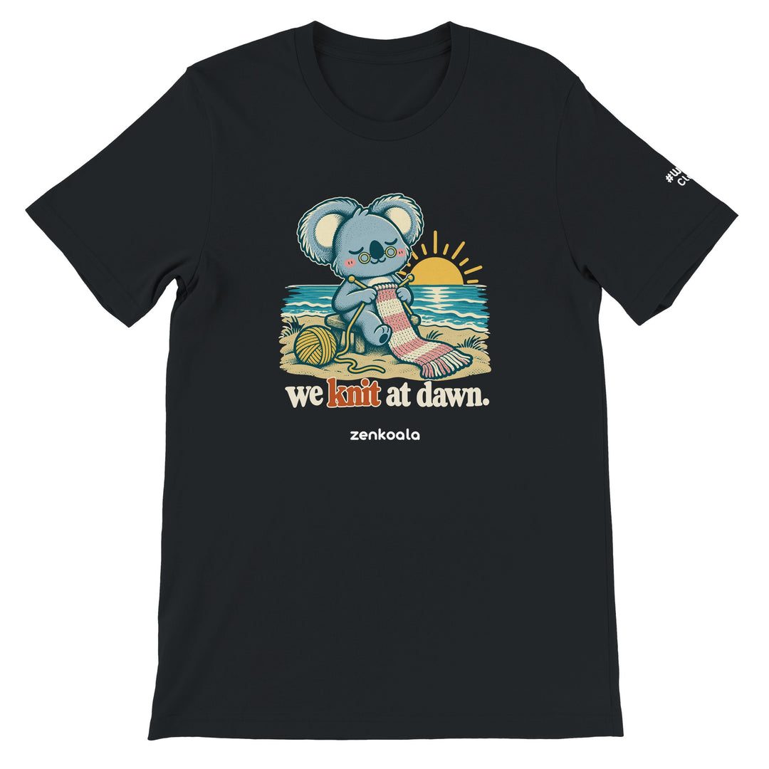 We Knit at Dawn feel-good tee in black, Zen Koala Australia