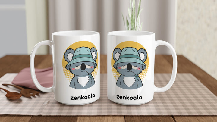 Two Koala Zinc and Bucket Hat 15oz mugs on a table, showing both sides of the design, Zen Koala Australia