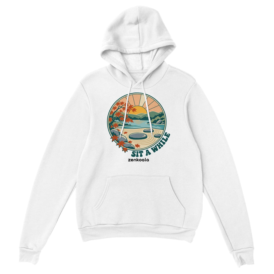 Zen Garden Sit a While feel-good hoodie in white: an empty stone in a calm zen garden, Zen Koala Australia