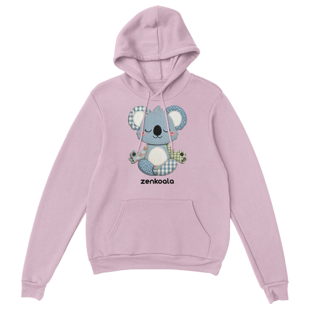 Faux Patchwork Meditating Koala feel-good hoodie in Light Pink — Zen Koala Australia