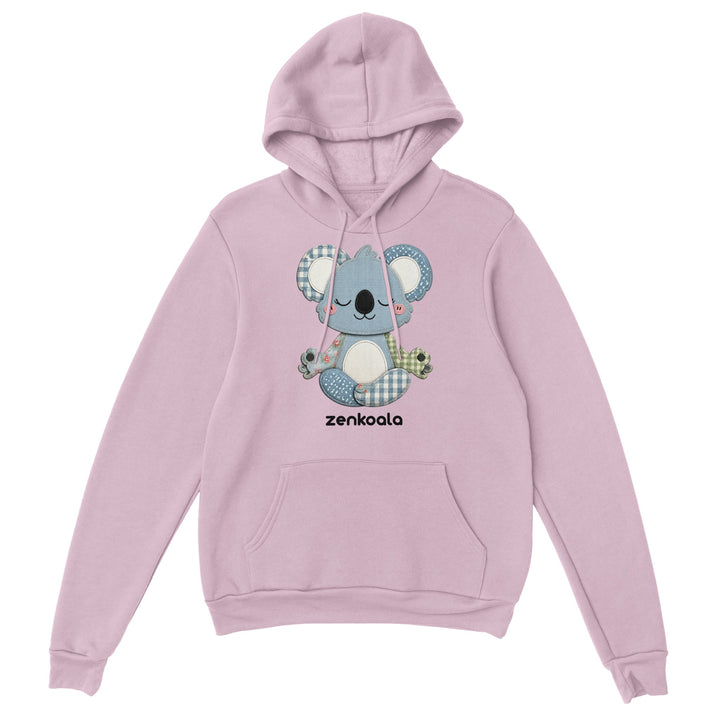 Faux Patchwork Meditating Koala feel-good hoodie in Light Pink — Zen Koala Australia