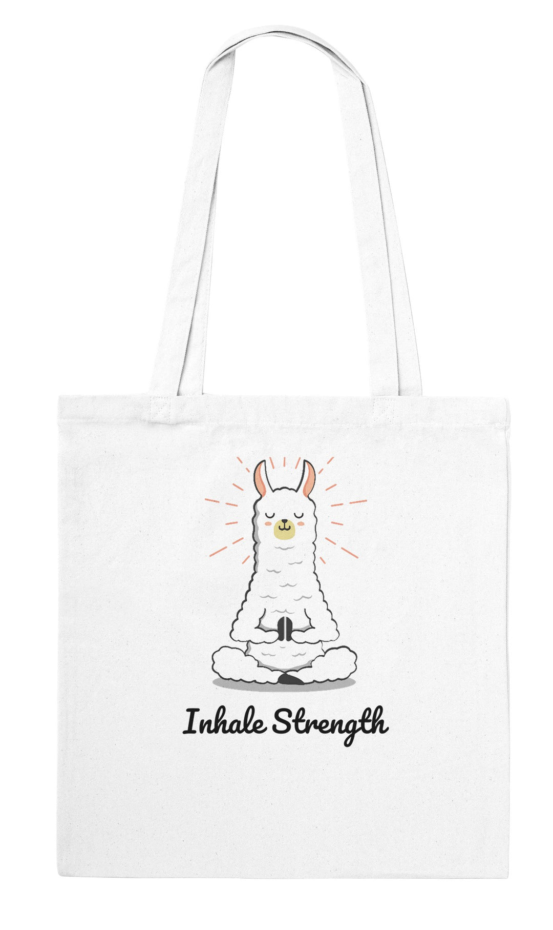Breathe feel-good tote bag in white: a llama meditating mid-breath, Zen Koala Australia