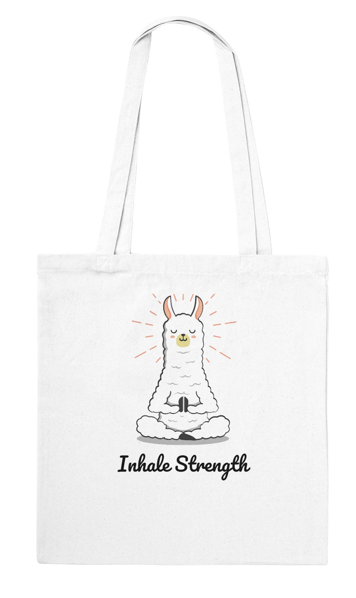 Breathe feel-good tote bag in white: a llama meditating mid-breath, Zen Koala Australia