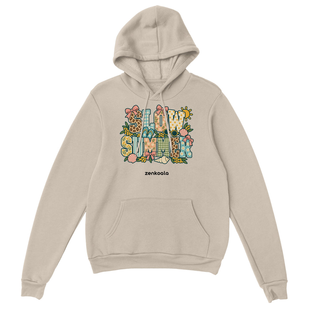 Slow Summer feel-good hoodie in sand: faux patchwork summer letters, Zen Koala Australia