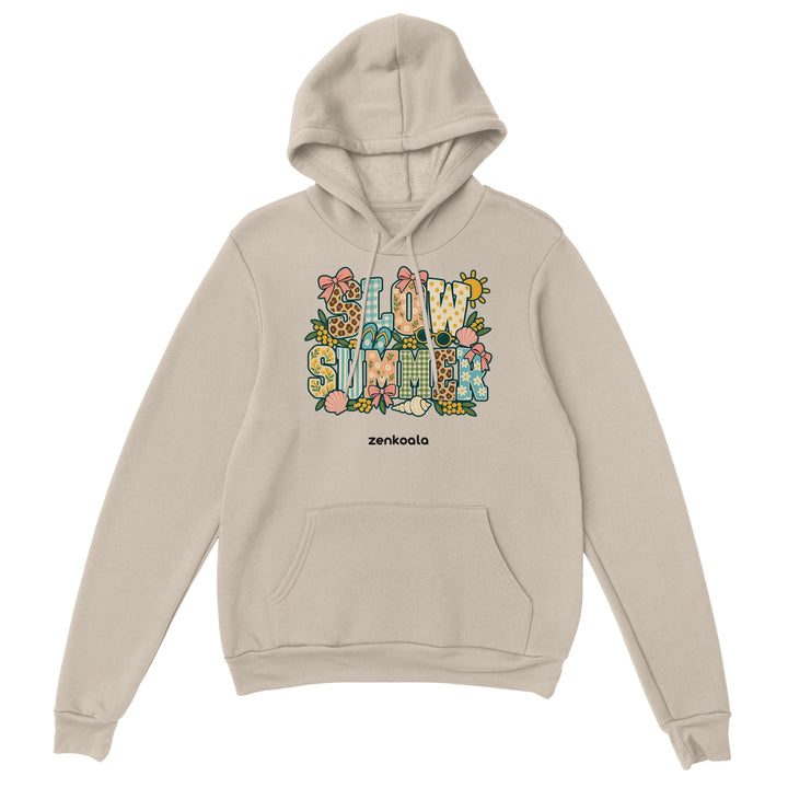 Slow Summer feel-good hoodie in sand: faux patchwork summer letters, Zen Koala Australia