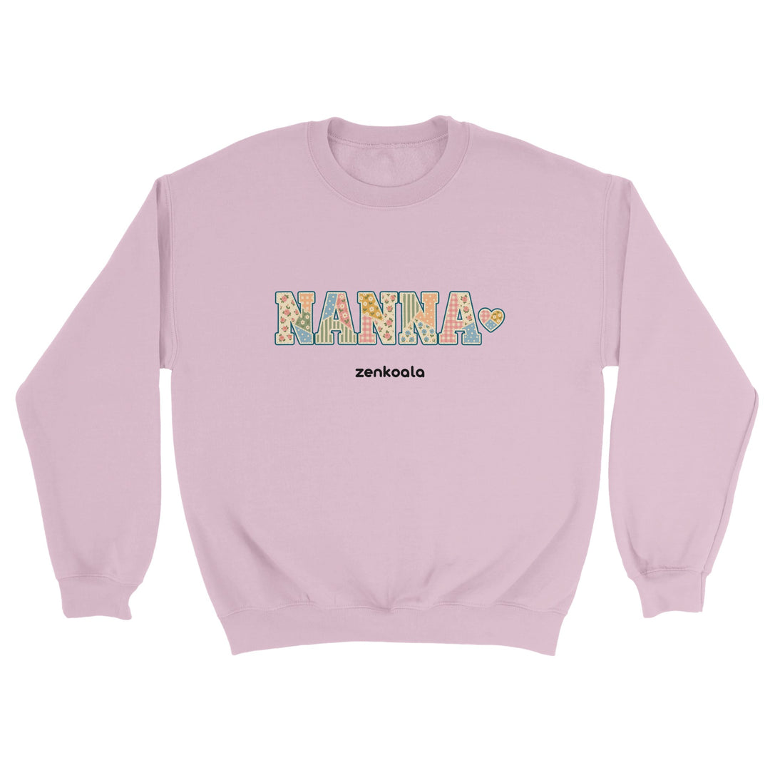 Nanna Faux Patchwork feel-good sweatshirt in light pink: vintage faux patchwork letters with a stitched heart, Zen Koala Australia