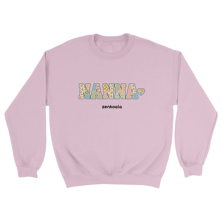 Nanna Faux Patchwork feel-good sweatshirt in light pink: vintage faux patchwork letters with a stitched heart, Zen Koala Australia