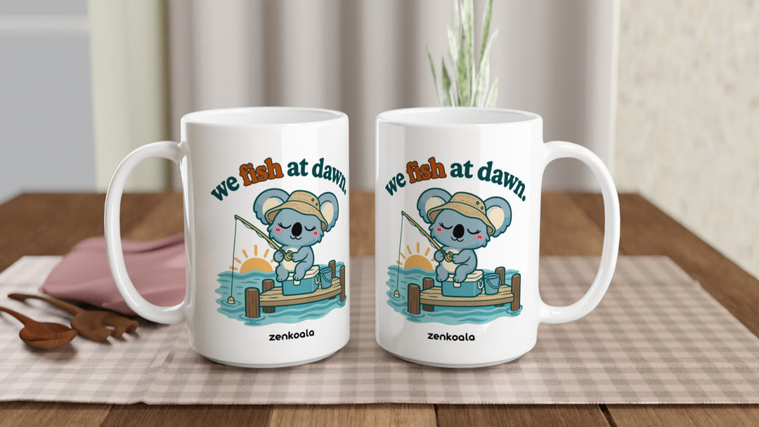 Two We Fish at Dawn 15oz mugs on a table, showing both sides of the design, Zen Koala Australia