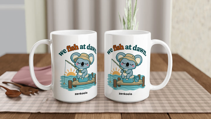 Two We Fish at Dawn 15oz mugs on a table, showing both sides of the design, Zen Koala Australia
