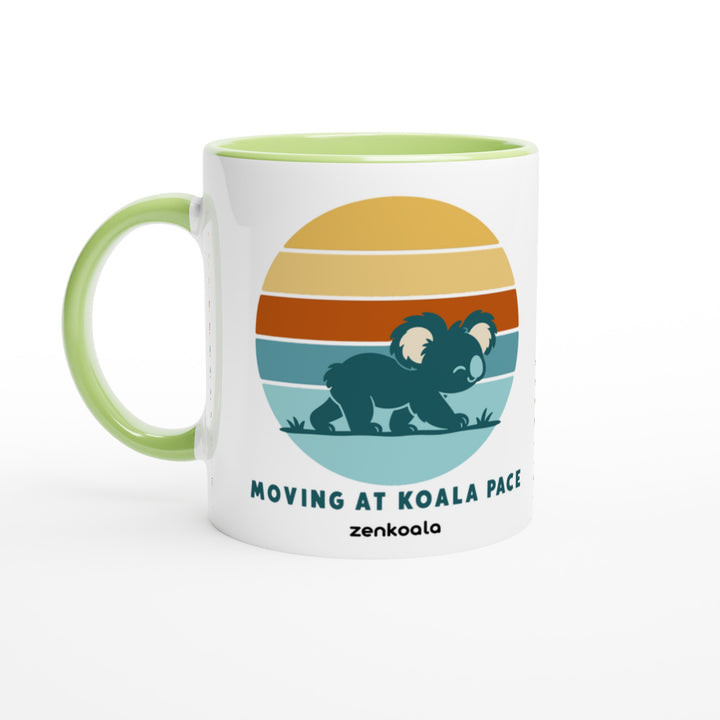 Moving at Koala Pace feel-good mug: a koala strolling across a retro sunset, Zen Koala Australia