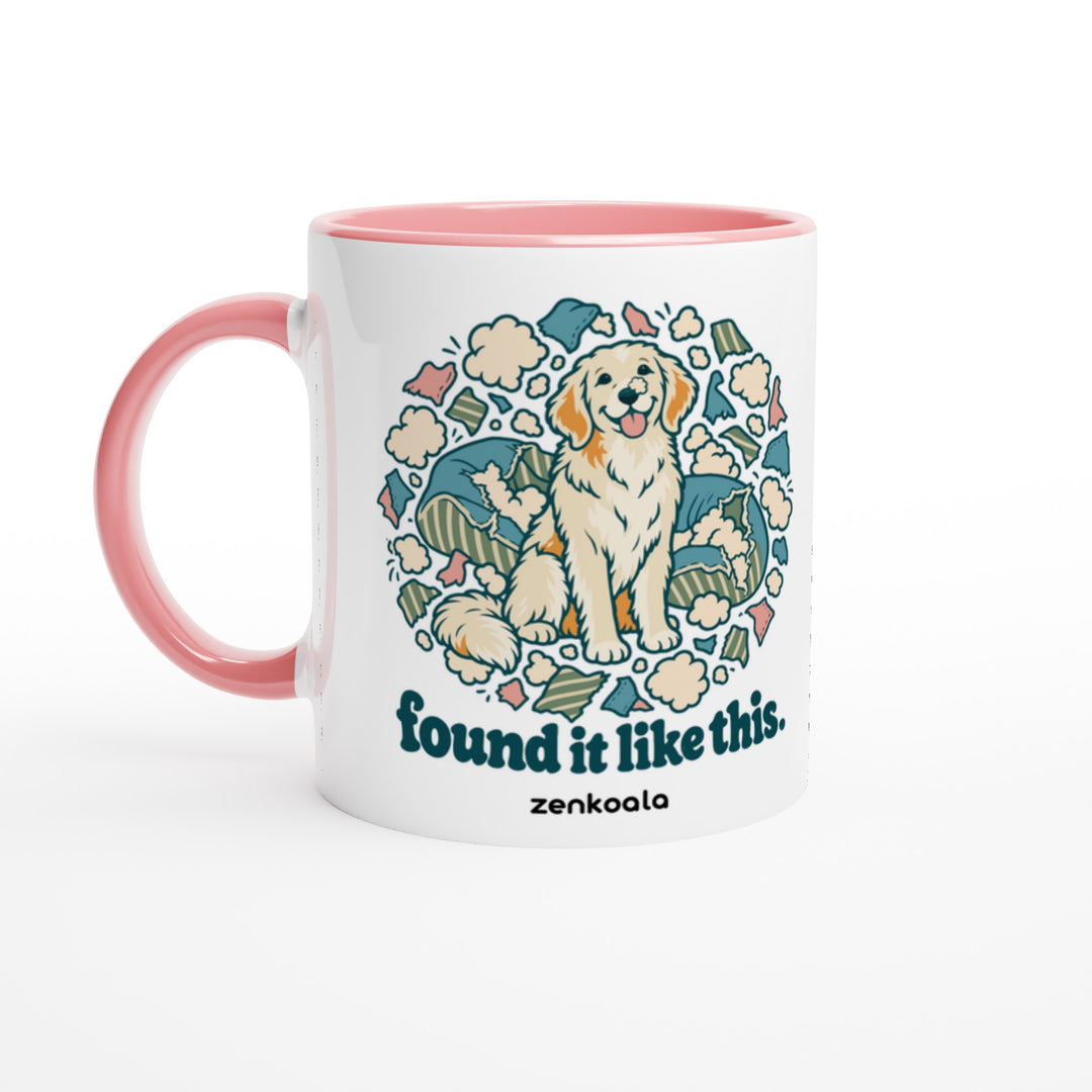 Found It Like This feel-good mug: an innocent dog in a cloud of cushion fluff, Zen Koala Australia
