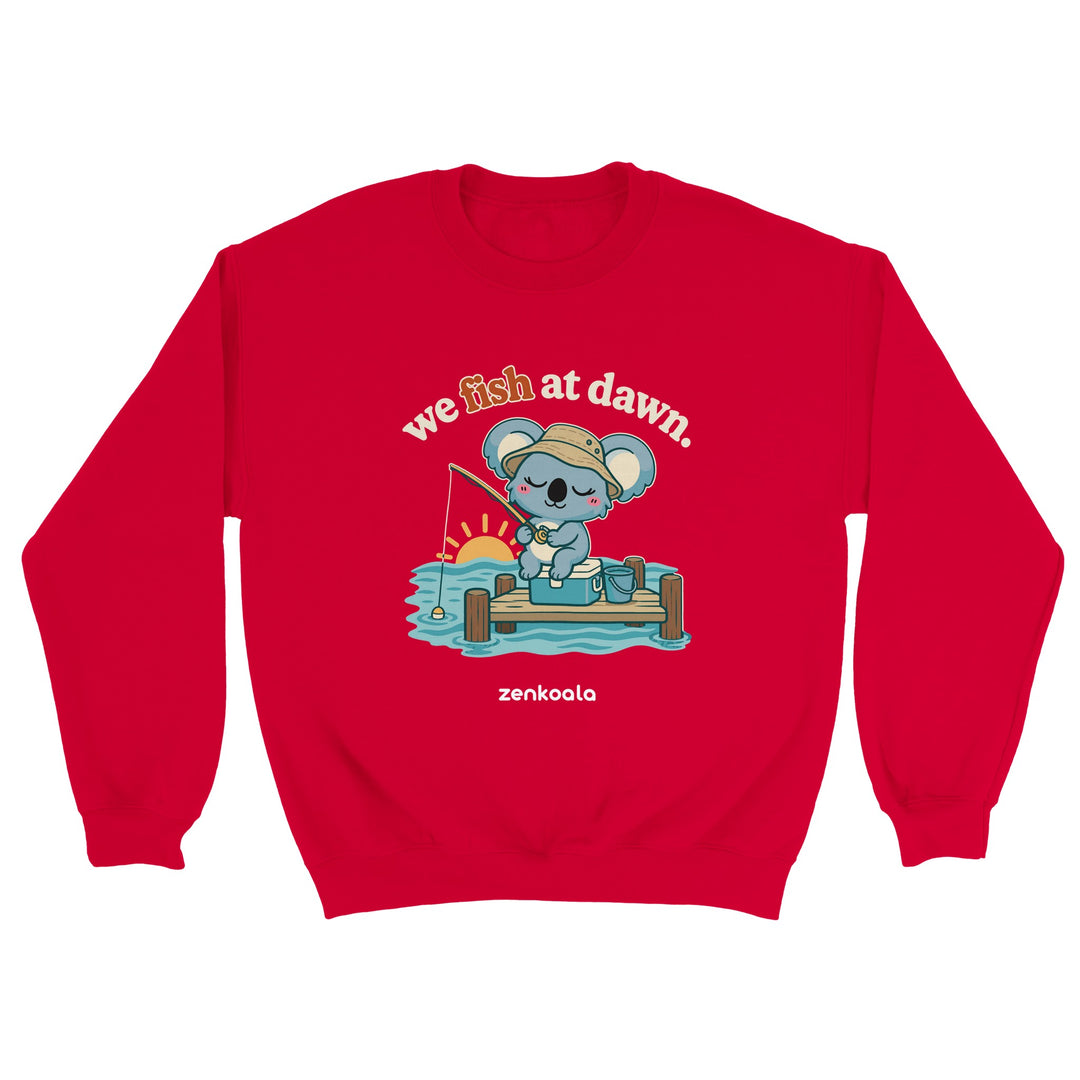 We Fish at Dawn feel-good sweatshirt in red, Zen Koala Australia