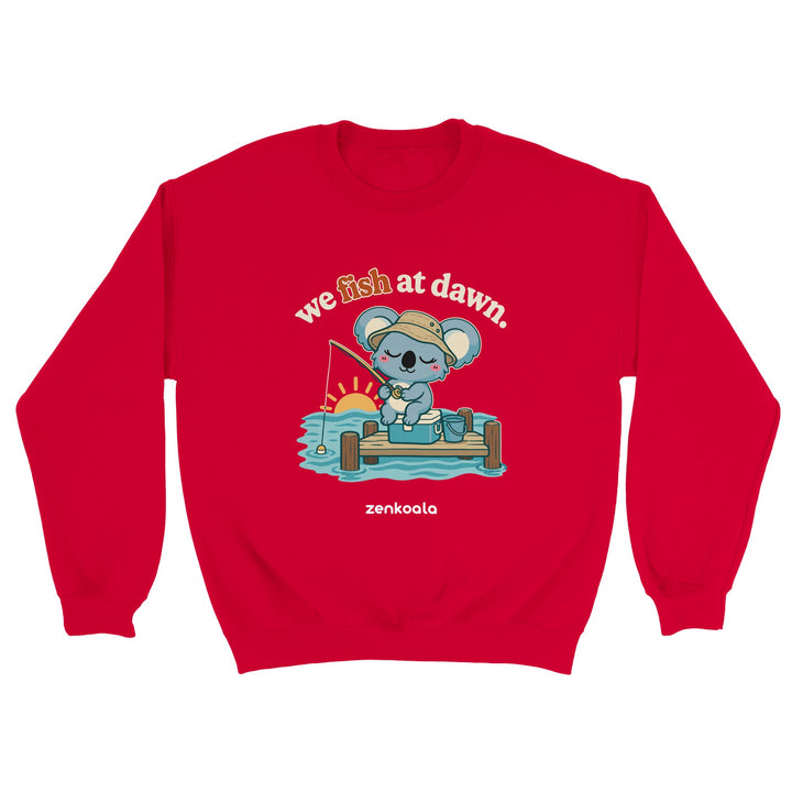 We Fish at Dawn feel-good sweatshirt in red, Zen Koala Australia