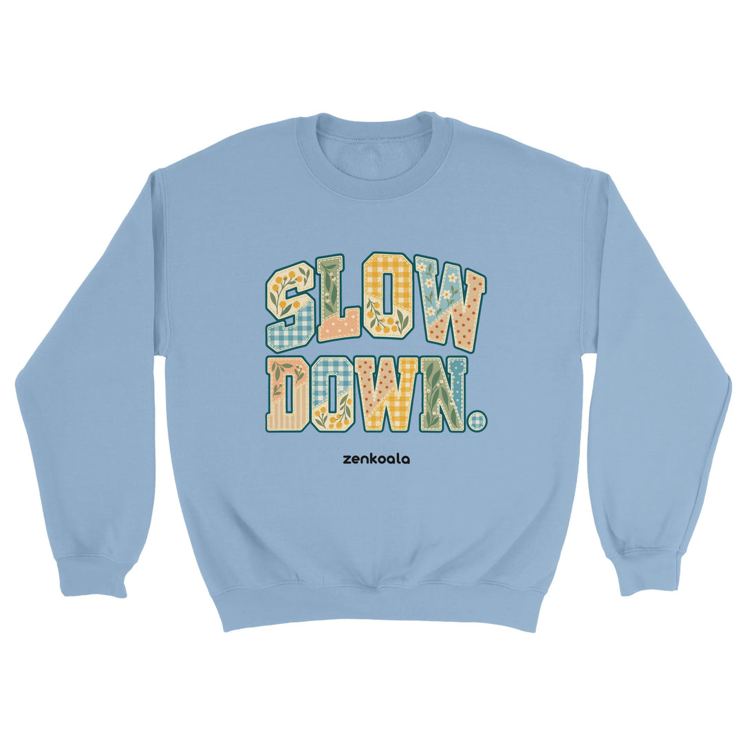 Slow Down Faux Patchwork feel-good sweatshirt in light blue, Zen Koala Australia