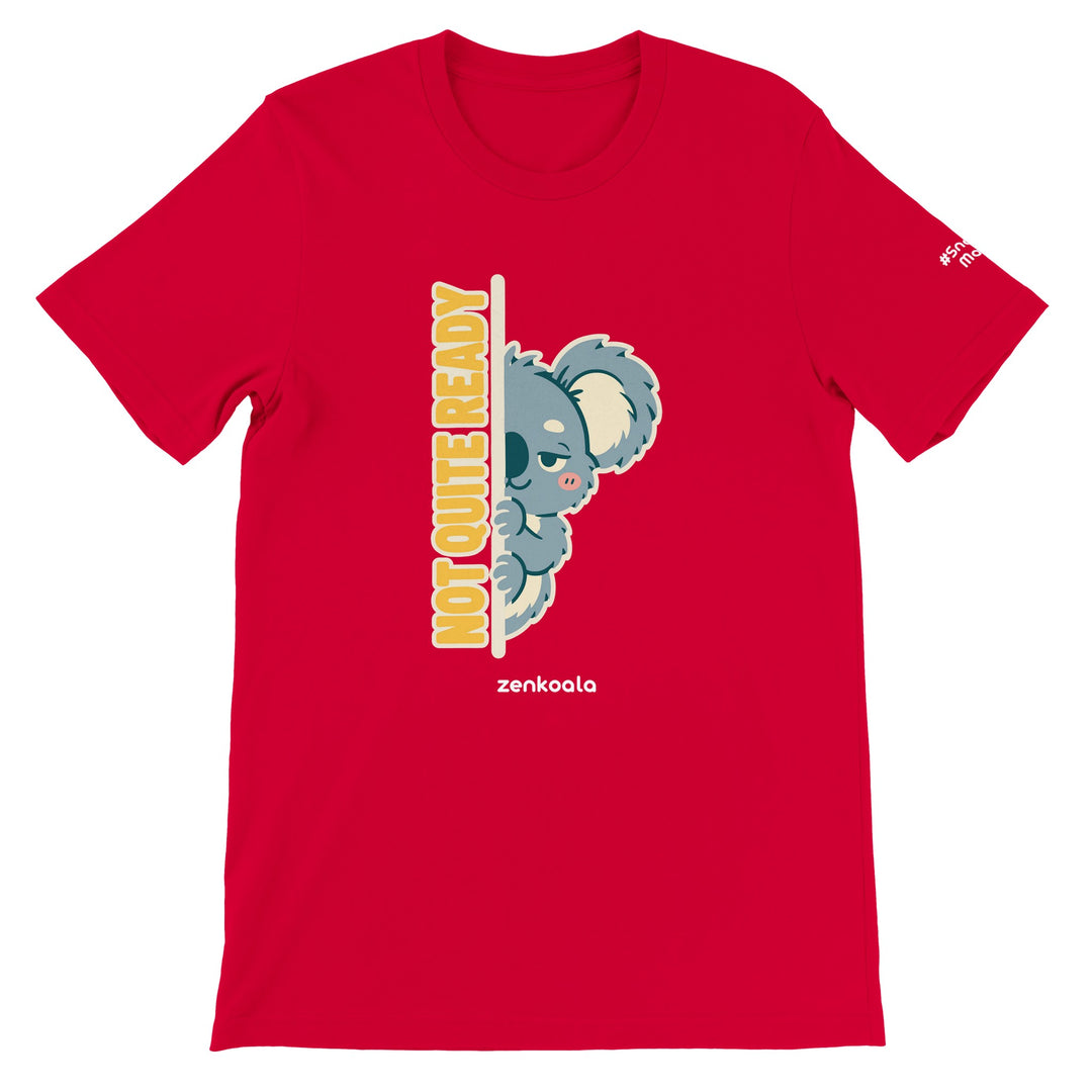 Not Quite Ready feel-good tee in red: a sleepy koala peeking round a doorway, Zen Koala Australia