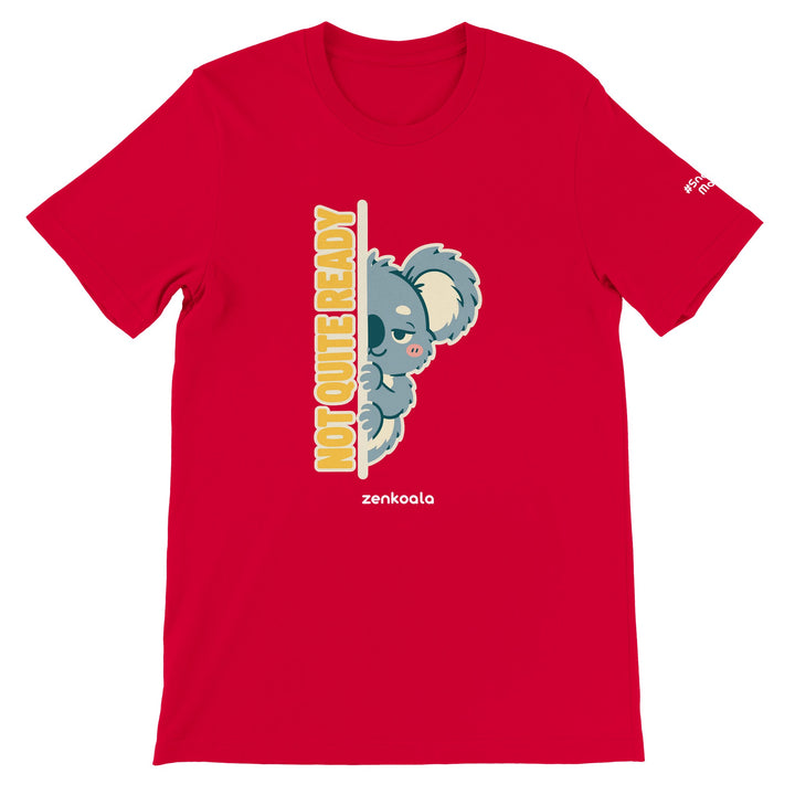 Not Quite Ready feel-good tee in red: a sleepy koala peeking round a doorway, Zen Koala Australia