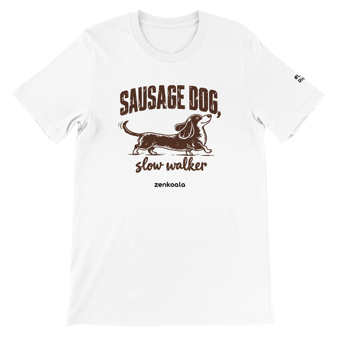 Sausage Dog Slow Walker feel-good tee in white, Zen Koala Australia