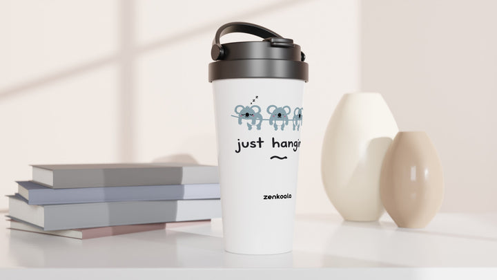 Just Hanging travel mug beside books and vases, Zen Koala Australia