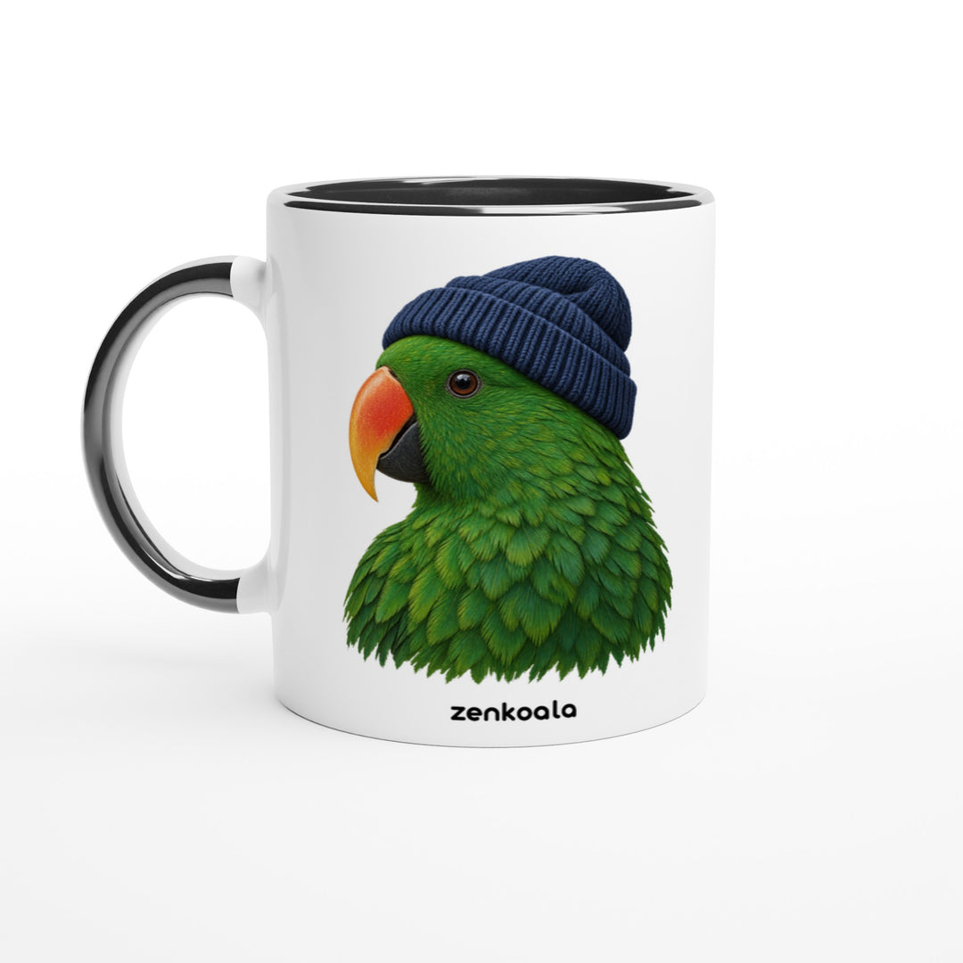 Parrot Beanie mug in black: white with a black rim, inside and handle, Zen Koala Australia
