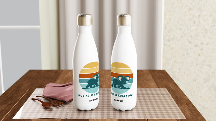 Two Moving at Koala Pace water bottles on a table, Zen Koala Australia