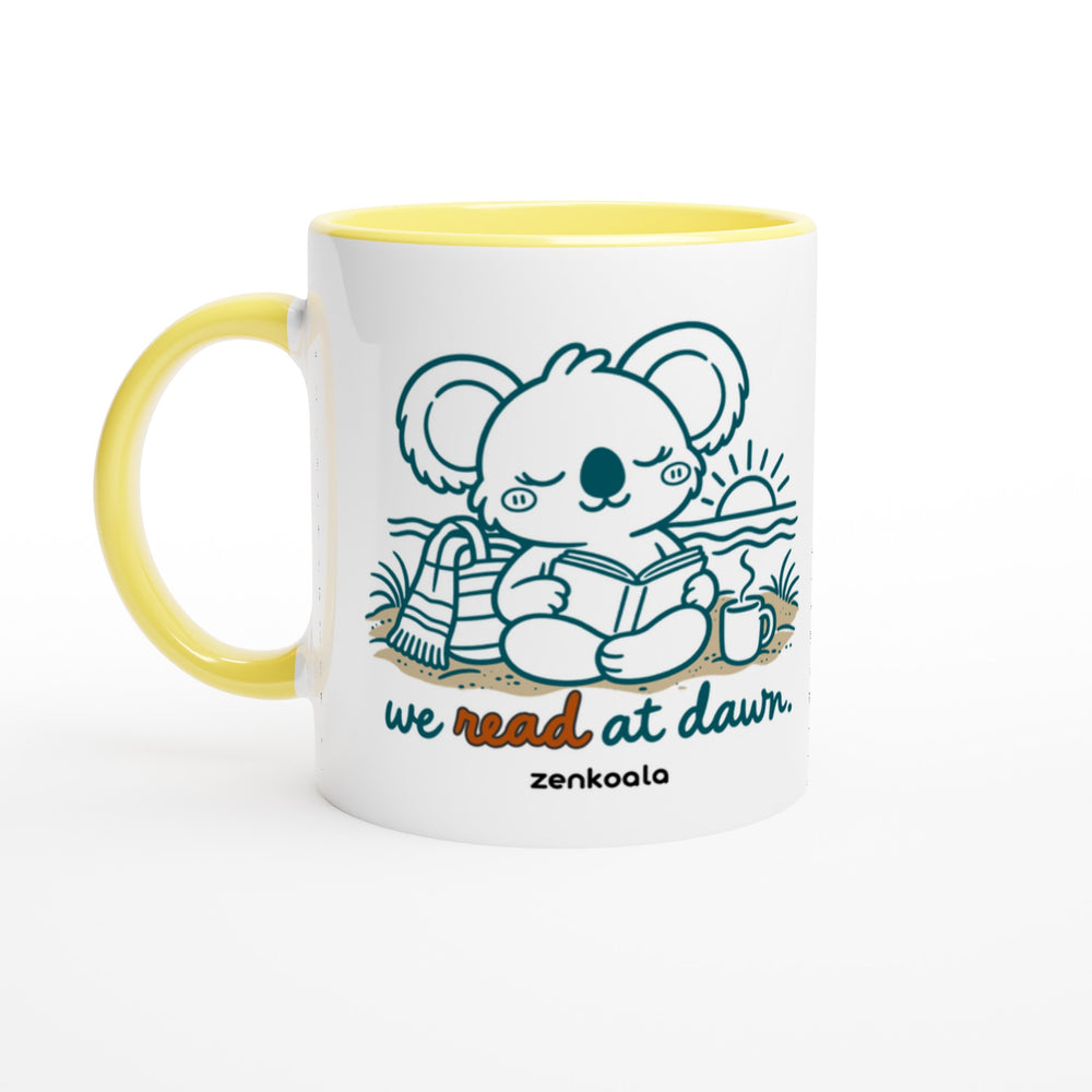 We Read at Dawn mug in yellow: white with a yellow rim, inside and handle, Zen Koala Australia